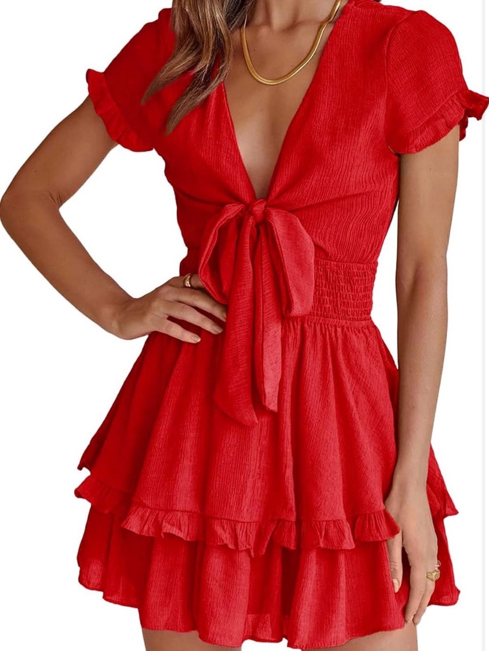 PrettyGarden Red Ruffle Mini Dress | Tie Front Romantic Dress ❤️🍒 - Picture 3 of 10